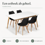 Scandinavia Eettafelset met 4 Scandino Stoelen - Zwart / Wit / Licht hout infographic