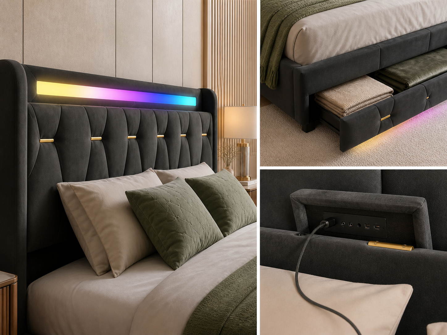 Aure bedframe details van RGB verlichting, opbergruimte en laadpaneel