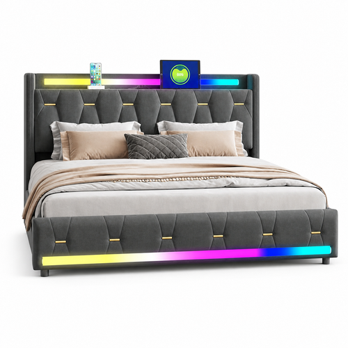 Aure Bluetooth LED Bedframe - Grijs op witte achtergrond