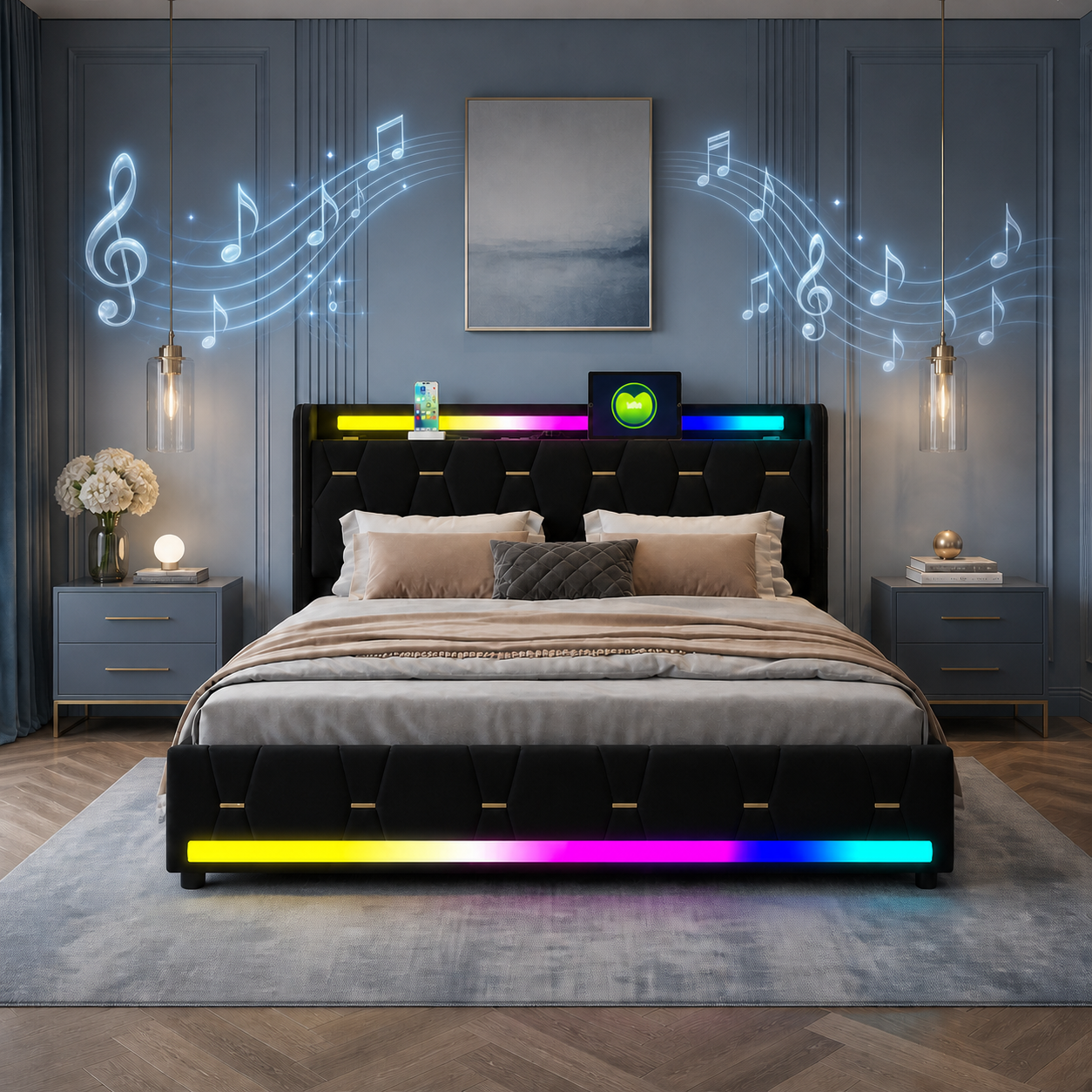 Aure Bluetooth LED Bedframe met duidelijk zichtbare muziekvisualisatie