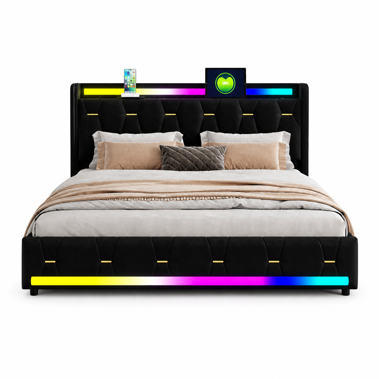 Aure Bluetooth LED Bedframe - Zwart op witte achtergrond