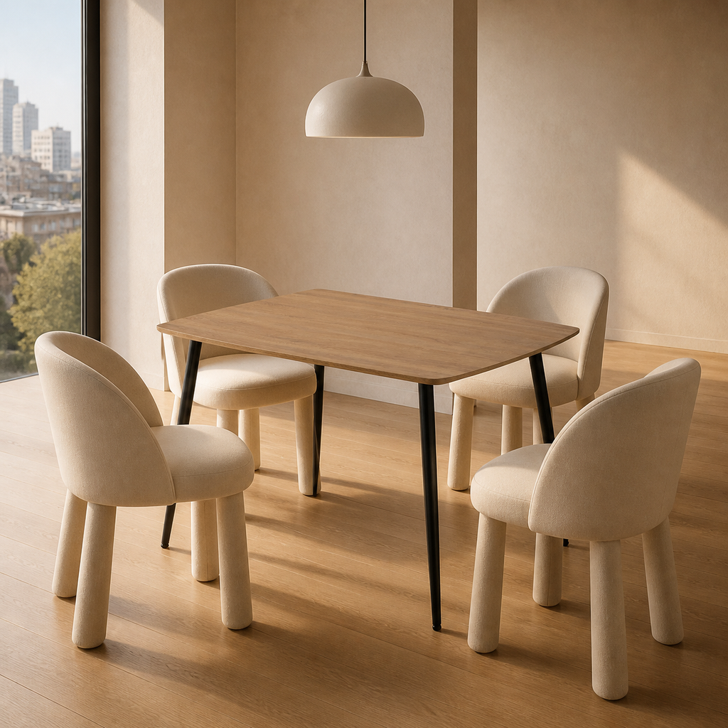 Sivableu eettafel in een moderne stedelijke eetkamer