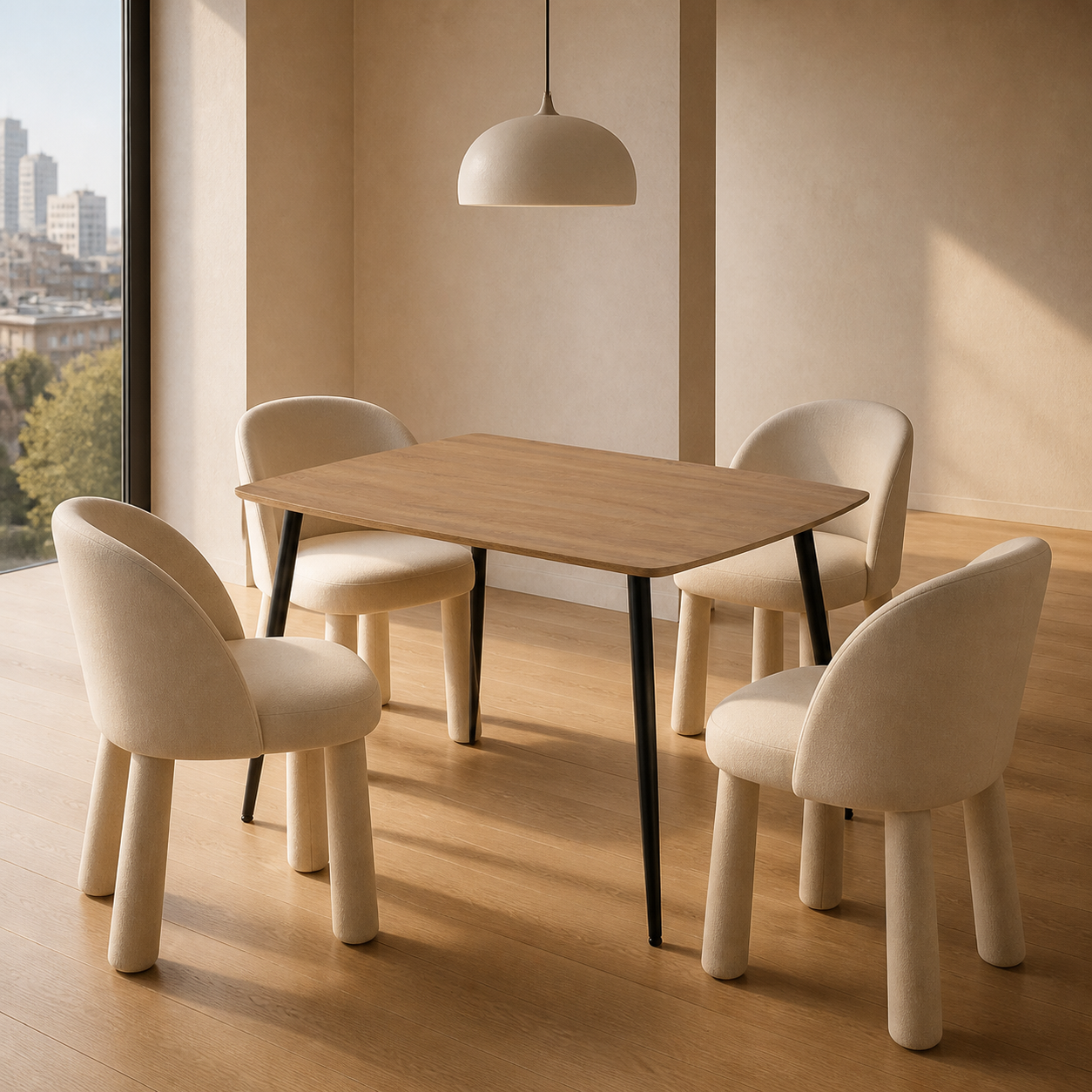 Sivableu eettafel in een moderne stedelijke eetkamer
