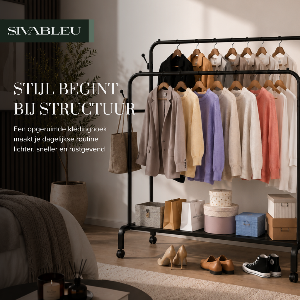Sivableu Kledingrek XL zwart in een rustig slaapkamerinterieur