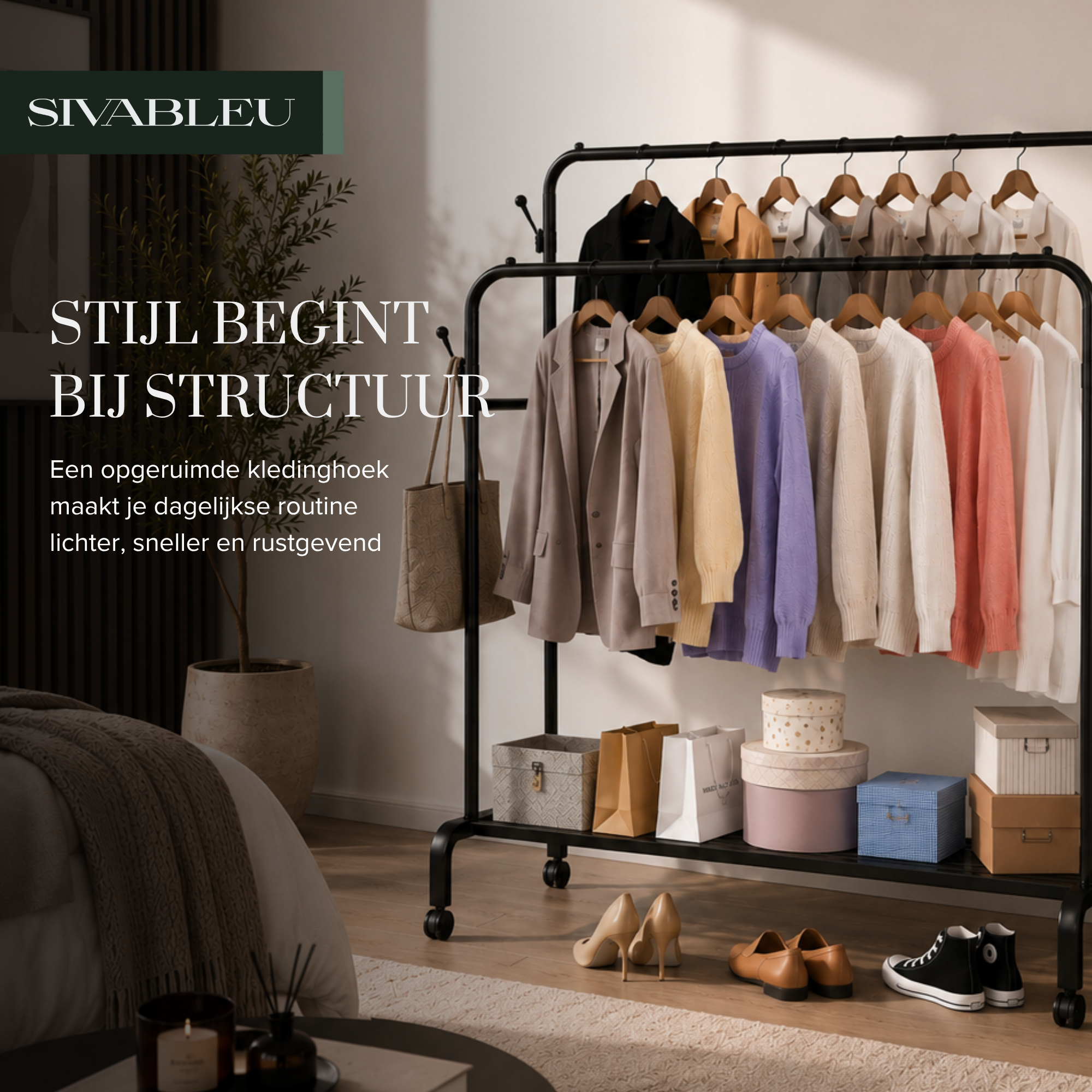 Sivableu Kledingrek XL zwart in een rustig slaapkamerinterieur