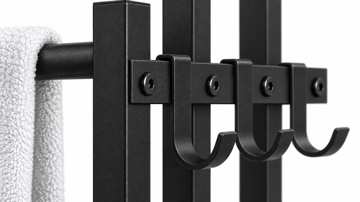 Detail van drie losse haken die over de voorste balk van het Noir handdoekrek hangen