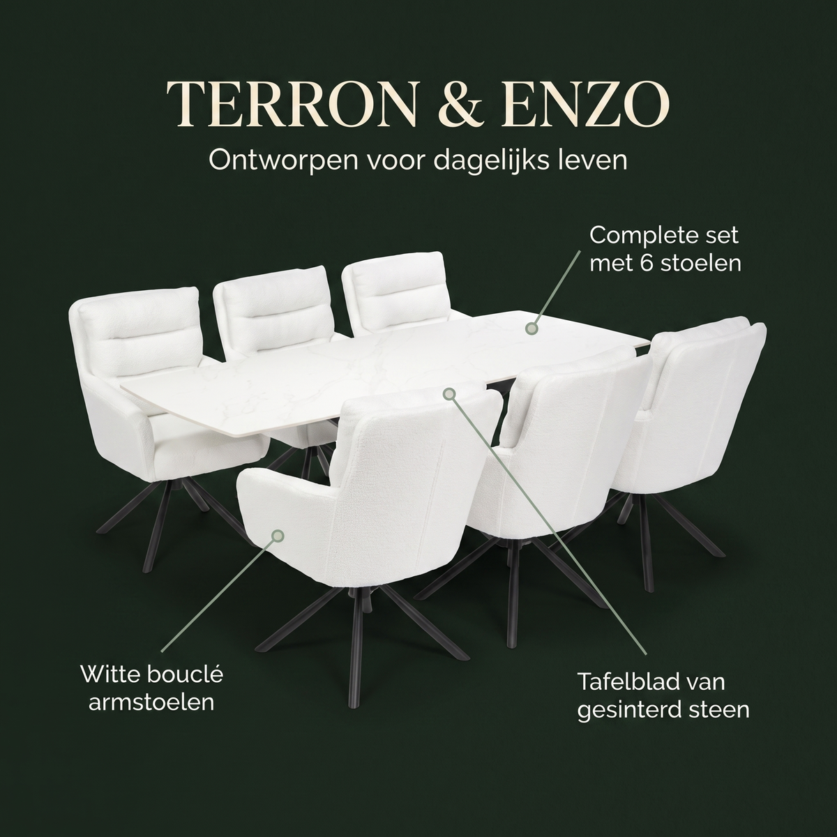 Terron Eettafelset met 6 Enzo Stoelen - Wit – ontwerp en materialen