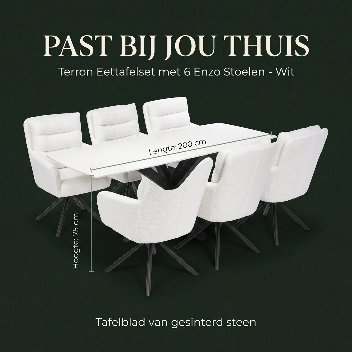 Terron Eettafelset met 6 Enzo Stoelen - Wit – afmetingen