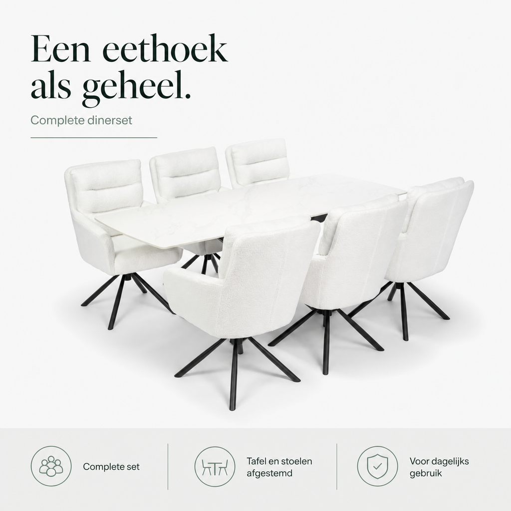 Terron Eettafelset met 6 Enzo Stoelen - Wit infographic