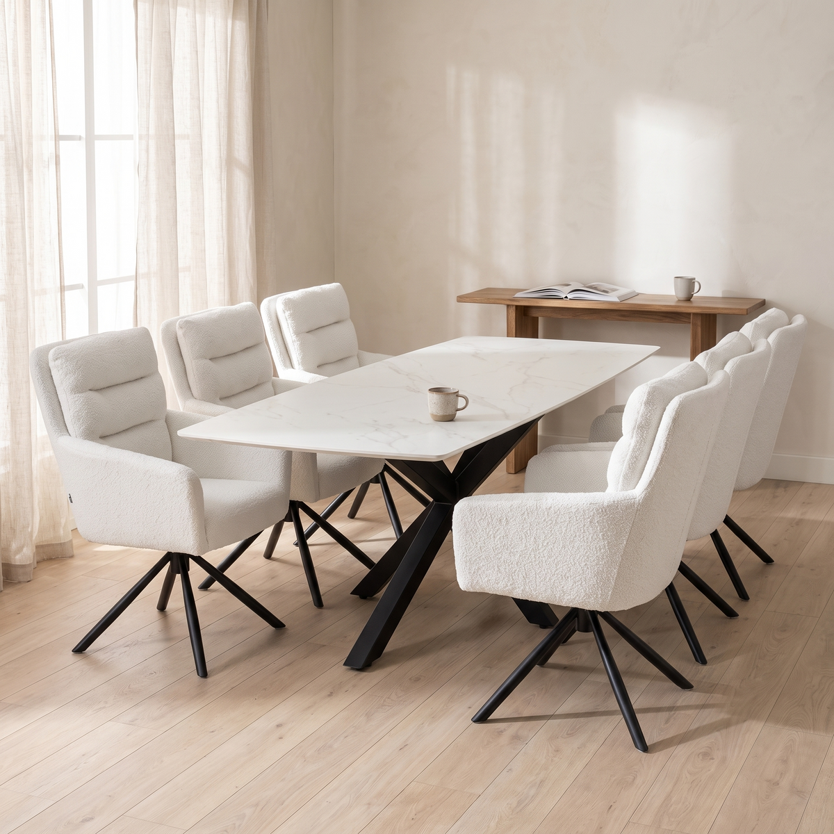 Terron Eettafelset met 6 Enzo Stoelen - Wit – fotorealistisch interieur 1