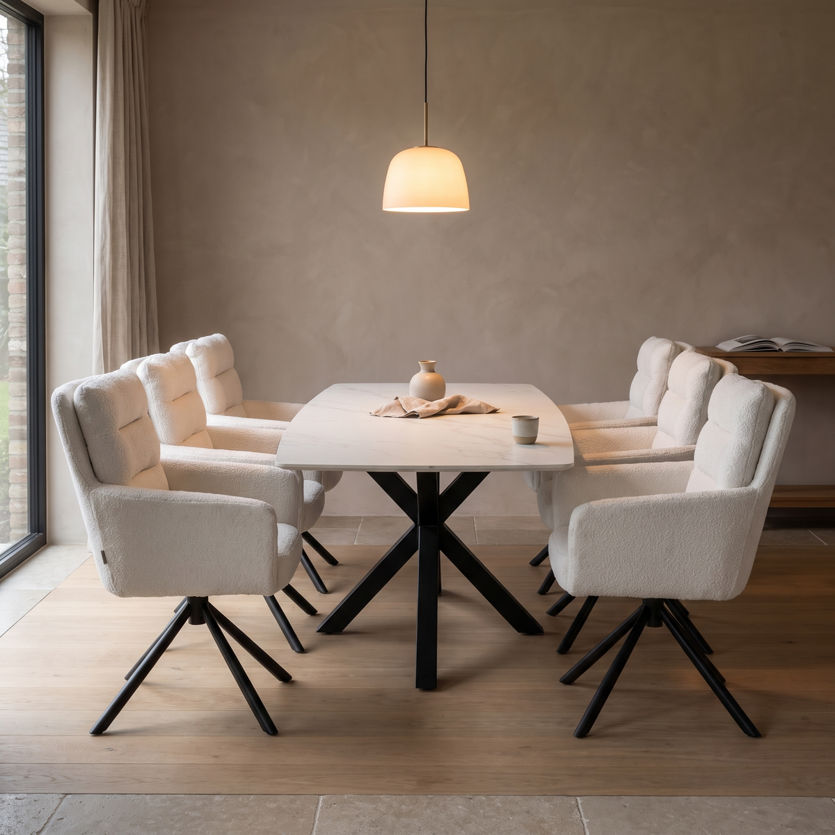 Terron Eettafelset met 6 Enzo Stoelen - Wit – fotorealistisch interieur 2