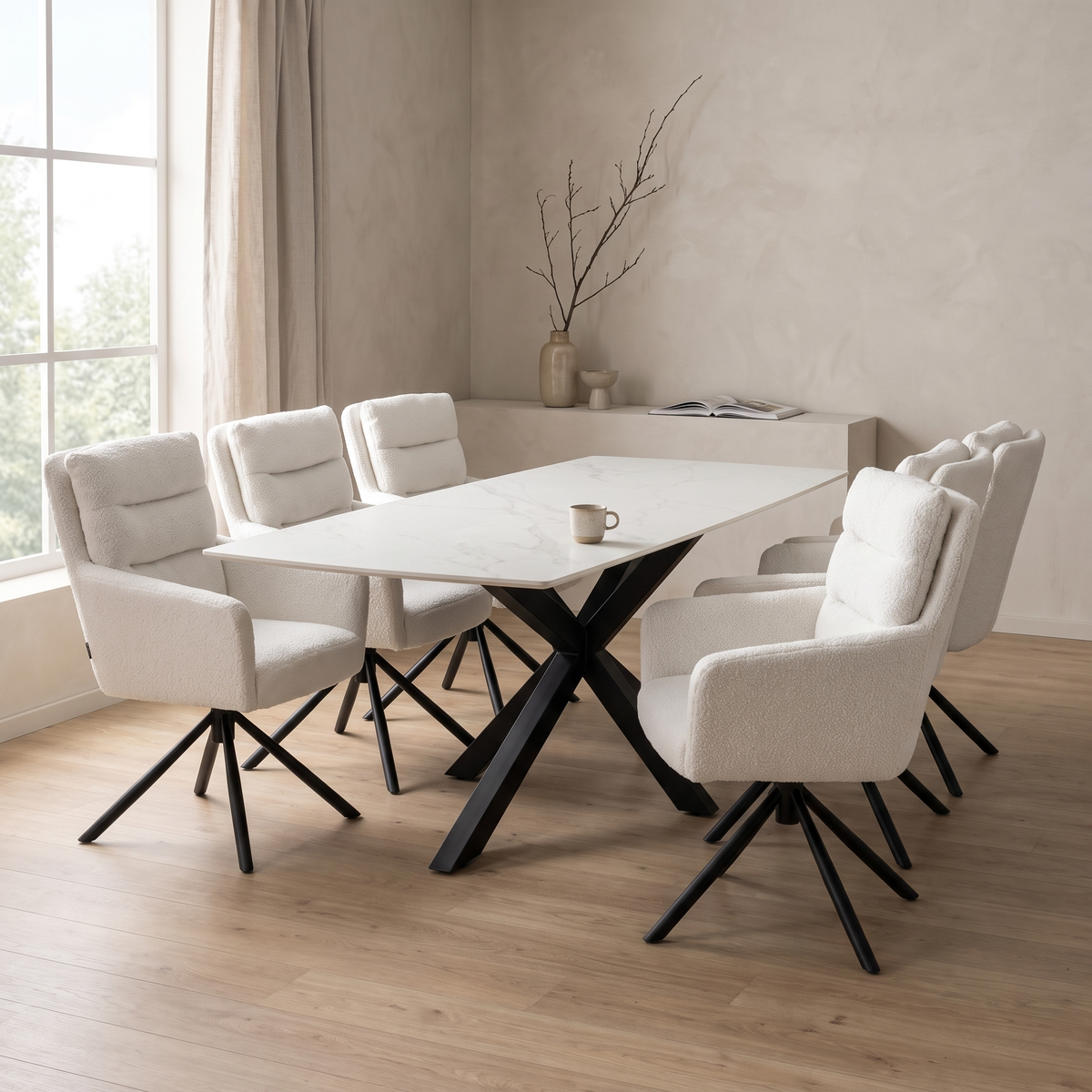 Terron Eettafelset met 6 Enzo Stoelen - Wit – fotorealistisch interieur 3