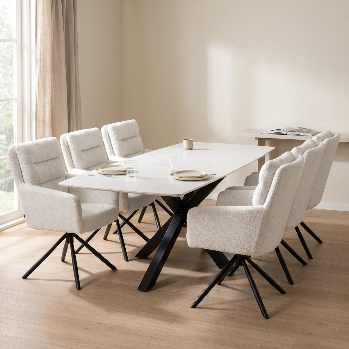 Terron Eettafelset met 6 Enzo Stoelen - Wit – fotorealistisch interieur 4