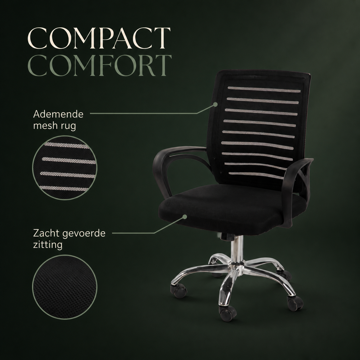 TORNO infographic ademende mesh rug en gevoerde zitting