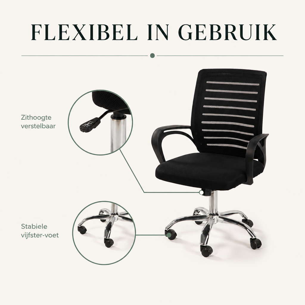 TORNO infographic verstelbare zithoogte en stabiele vijfster-voet