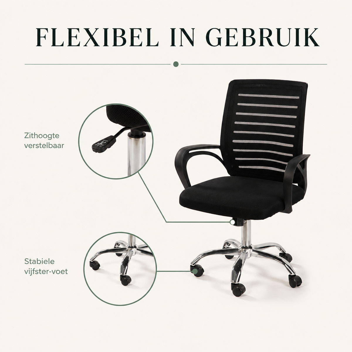 TORNO infographic verstelbare zithoogte en stabiele vijfster-voet